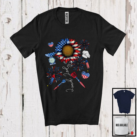 MacnyStore - Lunch Lady, Joyful 4th Of July American Flag Sunflower Lunch Lady Tools, Matching Patriotic Group T-Shirt