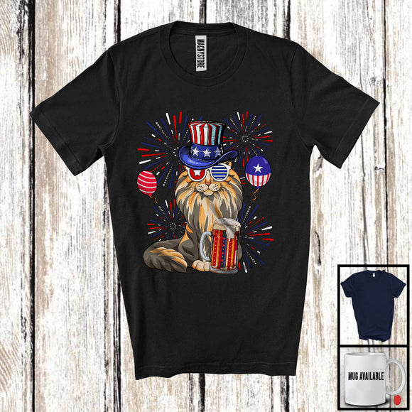 MacnyStore - Maine Coon Drinking Beer, Awesome 4th Of July Fireworks Kitten, Drunker Patriotic Group T-Shirt