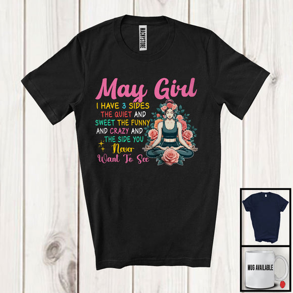 MacnyStore - May Girl I Have 3 Sides, Humorous Birthday Party Flowers Yoga Lover, Matching Workout T-Shirt