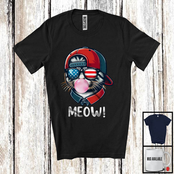 MacnyStore - Meow, Amazing 4th Of July Cat Wearing American Flag Sunglasses Bubble, Patriotic T-Shirt