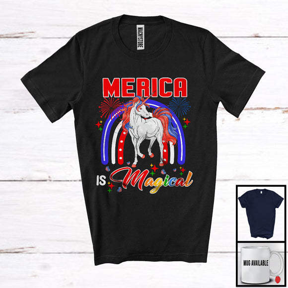 MacnyStore - Merica Is Magical, Lovely 4th Of July Rainbow Unicorn Lover, American Flag Patriotic T-Shirt