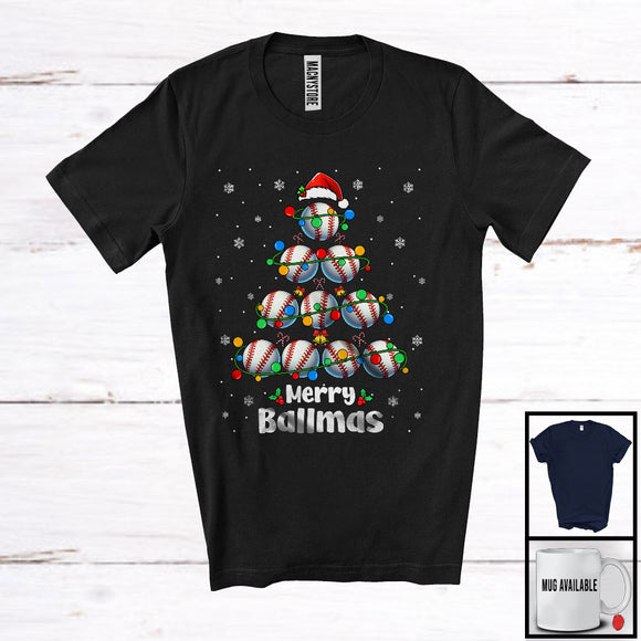 MacnyStore - Merry Ballmas; Awesome Christmas Lights Tree Baseball; X-mas Santa Baseball Sport Player T-Shirt