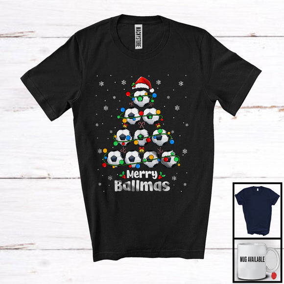 MacnyStore - Merry Ballmas; Awesome Christmas Lights Tree Soccer; X-mas Santa Soccer Sport Player T-Shirt