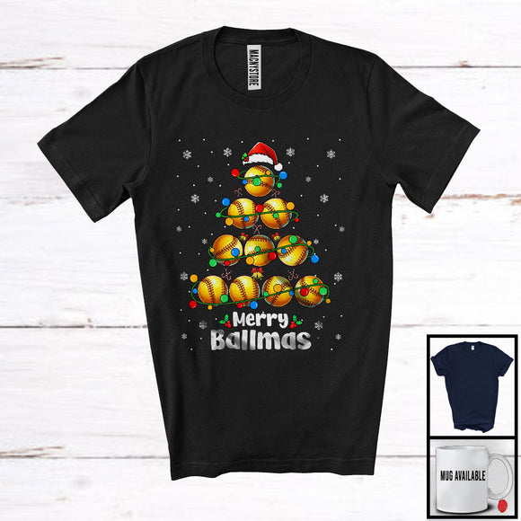 MacnyStore - Merry Ballmas; Awesome Christmas Lights Tree Softball; X-mas Santa Softball Sport Player T-Shirt