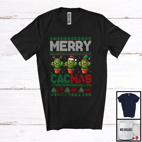 MacnyStore - Merry Cacmas; Amazing Christmas Sweater Three Santa Elf Reindeer Cactus; Vegan T-Shirt