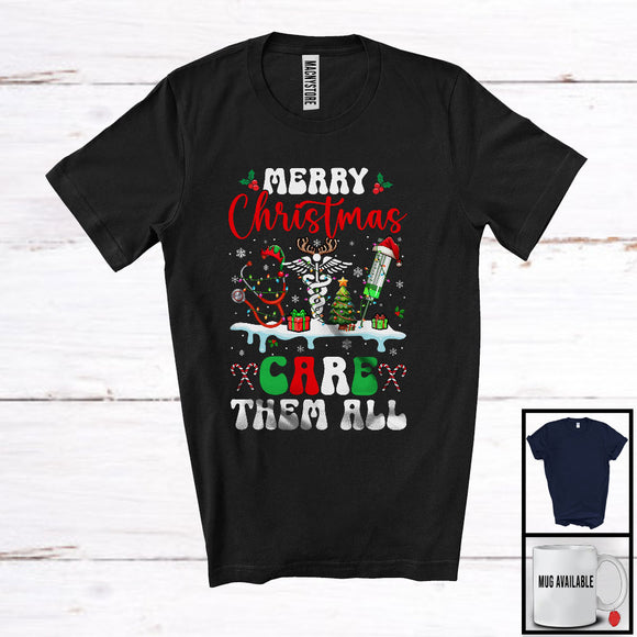 MacnyStore - Merry Christmas Care Them All; Adorable Christmas Three Nurse Tools; Snowing Family Group T-Shirt