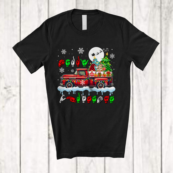 MacnyStore - Merry Christmas; Adorable X-mas ASL Three Gnomes On Pickup Truck; Hand Sign Language Family T-Shirt