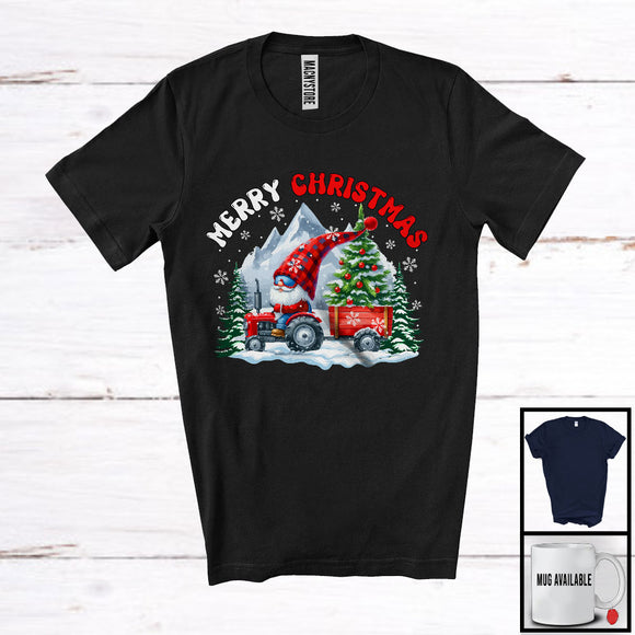 MacnyStore - Merry Christmas; Adorable X-mas Tree Gnome Driving Tractor Trailer; Snowing Around T-Shirt
