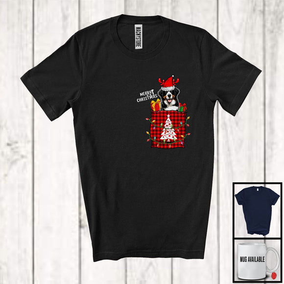MacnyStore - Merry Christmas; Amusing X-mas Lights Santa Reindeer Bernedoodles In Plaid Pocket; Family T-Shirt
