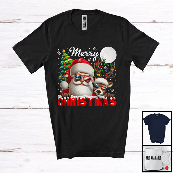 MacnyStore - Merry Christmas, Humorous X-mas Santa Reindeer American Flag Sunglasses, Snowing Family T-Shirt