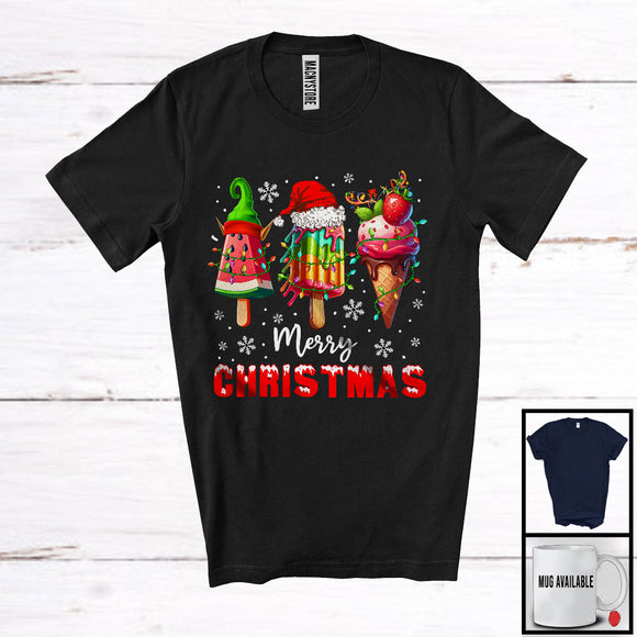 MacnyStore - Merry Christmas, Lovely Summer Vacation X-mas Lights Three Ice Cream Cones, Snow Around T-Shirt