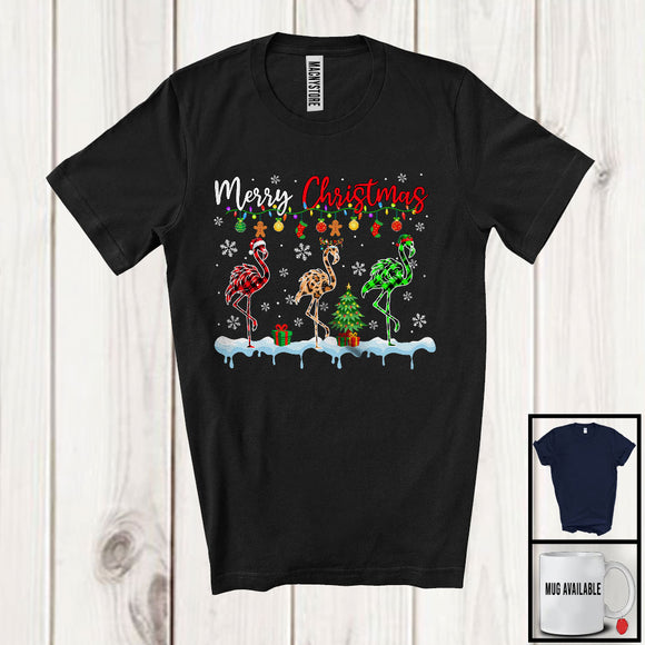 MacnyStore - Merry Christmas; Lovely Three Santa Reindeer Elf Flamingo; Leopard Plaid Animal Lover T-Shirt