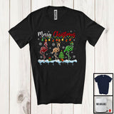 MacnyStore - Merry Christmas; Lovely Three Santa Reindeer Elf Flamingo; Leopard Plaid Animal Lover T-Shirt