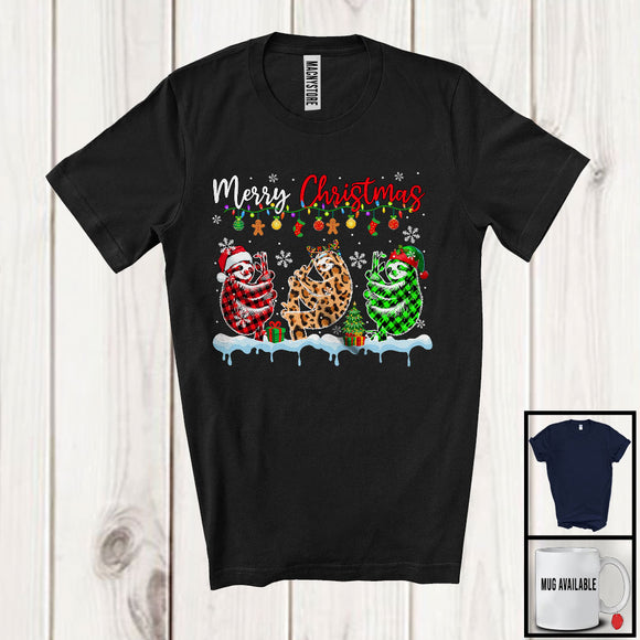 MacnyStore - Merry Christmas; Lovely Three Santa Reindeer Elf Sloth; Leopard Plaid Animal Lover T-Shirt