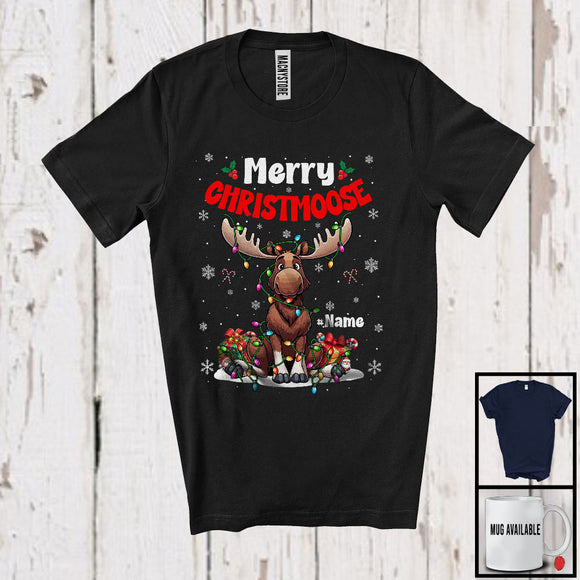 MacnyStore - Merry Christmoose; Adorable Christmas Moose Reindeer; X-mas Lights Snowing Around T-Shirt