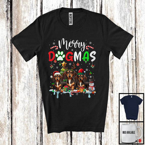 MacnyStore - Merry Dogmas, Cheerful Christmas Three Santa Reindeer ELF Dachshund Owner, X-mas Group T-Shirt