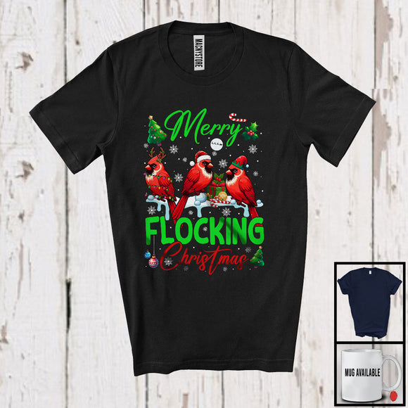 MacnyStore - Merry Flocking Christmas; Amazing X-mas Three Santa ELF Reindeer Cardinal; Bird Lover Family T-Shirt