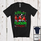 MacnyStore - Merry Flocking Christmas; Amazing X-mas Three Santa ELF Reindeer Cardinal; Bird Lover Family T-Shirt