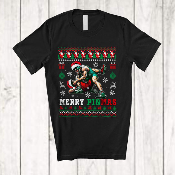 MacnyStore - Merry Pinmas; Awesome Christmas Sweater Santa Wrestling Fighter; Snowing Family Group T-Shirt