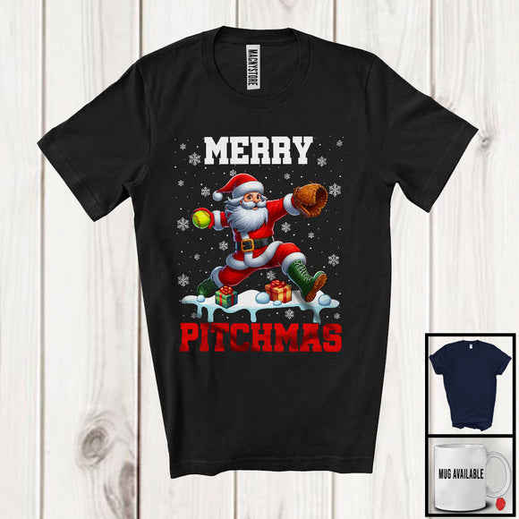 MacnyStore - Merry Pitchmas; Awesome Christmas Snowing Santa Playing Softball; Pitcher Sport Team T-Shirt