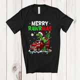 MacnyStore - Merry Rawrmas; Awesome Christmas Plaid Santa T-Rex Dinosaur Riding Pickup Truck; Family T-Shirt