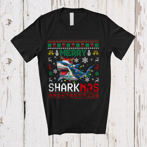 MacnyStore - Merry Sharkmas; Fantastic Christmas Sweater Lights Santa Reindeer Shark; Family Group T-Shirt