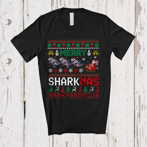 MacnyStore - Merry Sharkmas; Fantastic Christmas Sweater Santa Sleigh Reindeer Shark; Family Group T-Shirt