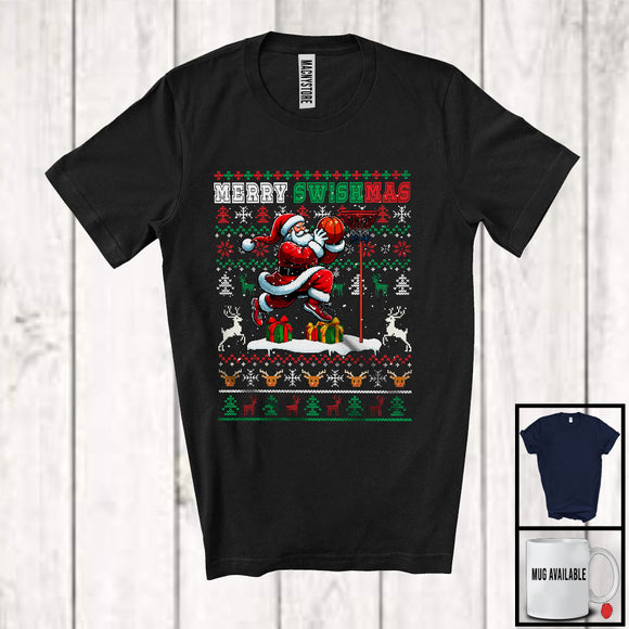 MacnyStore - Merry Swishmas; Joyful Christmas Sweater Santa Playing Basketball; Sport Player Snowing T-Shirt
