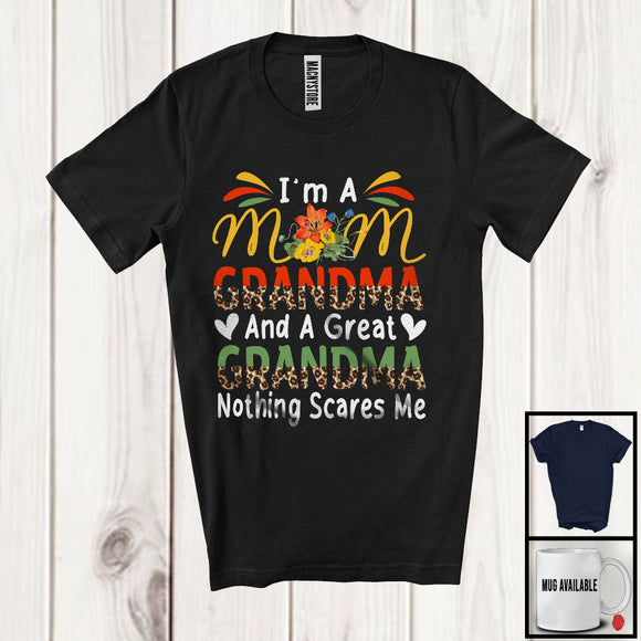 MacnyStore - Mom Grandma And Great Grandma Nothing Scares Me, Lovely Mother's Day Leopard Flowers T-Shirt