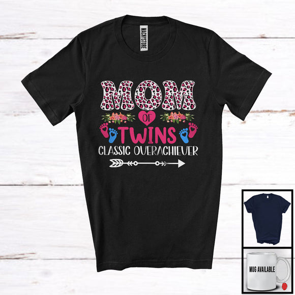 MacnyStore - Mom Of Twins, Awesome Mother's Day Flowers Baby Footprints, Leopard Matching Family Group T-Shirt