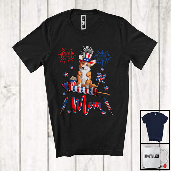 MacnyStore - Mom, Adorable Mother's Day 4th Of July Corgi With Fireworks, American Flag Patriotic T-Shirt