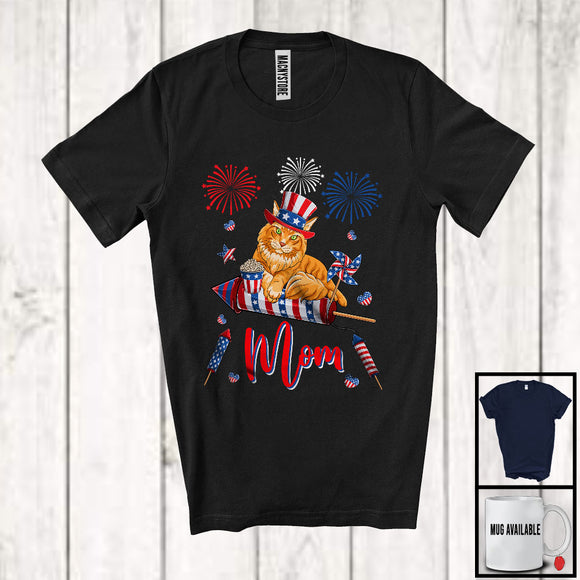 MacnyStore - Mom, Adorable Mother's Day 4th Of July Maine Coon Cat With Fireworks, American Flag Patriotic T-Shirt