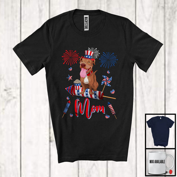 MacnyStore - Mom, Adorable Mother's Day 4th Of July Pit Bull With Fireworks, American Flag Patriotic T-Shirt