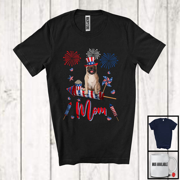 MacnyStore - Mom, Adorable Mother's Day 4th Of July Pug With Fireworks, American Flag Patriotic T-Shirt