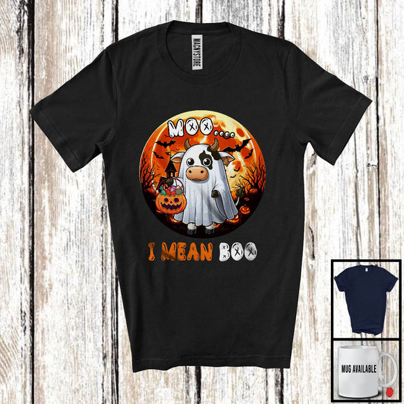 MacnyStore - Moo I Mean Boo; Awesome Halloween Costume Ghost Cow Farm Animal; Farmer Scary Moon T-Shirt