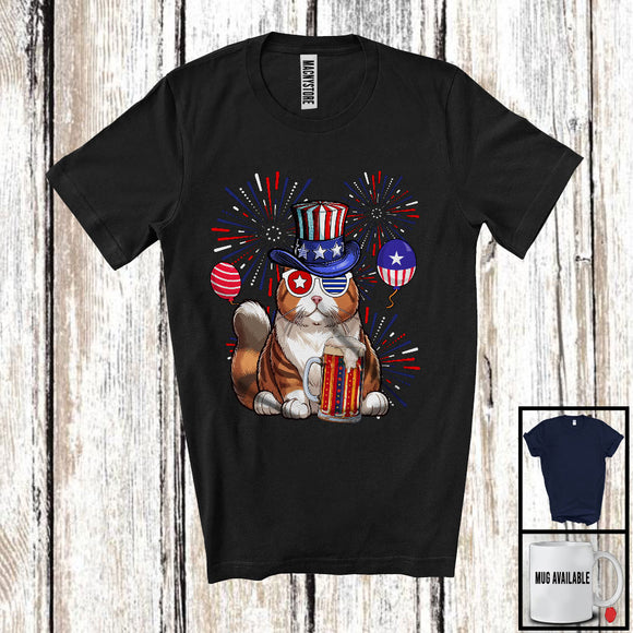 MacnyStore - Munchkin Cat Drinking Beer, Awesome 4th Of July Fireworks Kitten, Drunker Patriotic Group T-Shirt