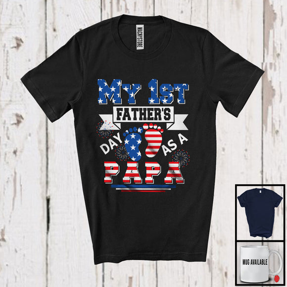 MacnyStore - My 1st Father's Day As A Papa, Proud 4th of July Pregnancy Announcement, American Flag Family T-Shirt