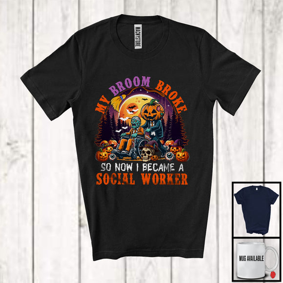 MacnyStore - My Broom Broke I Became A Social Worker, Happy Halloween Moon Witch, Skull Carved Pumpkins T-Shirt