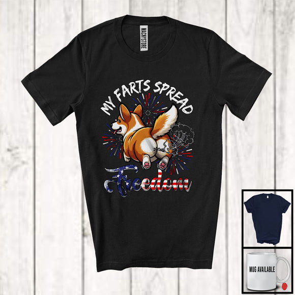 MacnyStore - My Farts Spread Freedom, Humorous 4th Of July Corgi Fireworks, American Flag Patriotic T-Shirt