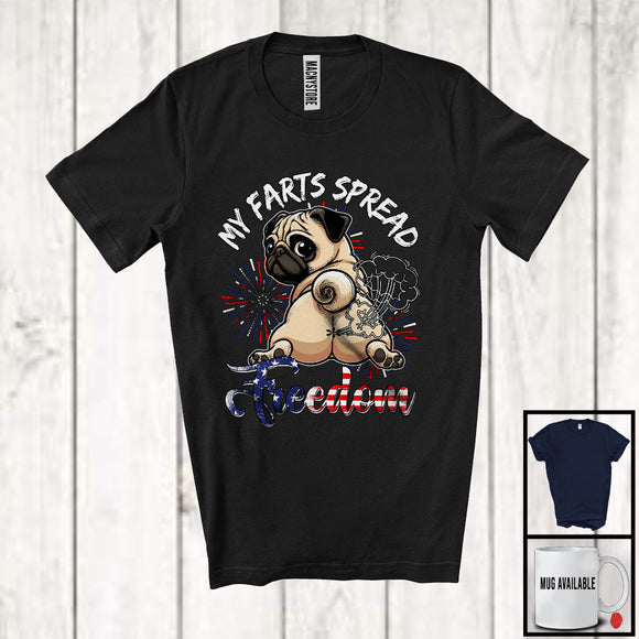 MacnyStore - My Farts Spread Freedom, Humorous 4th Of July Pug Fireworks, American Flag Patriotic T-Shirt
