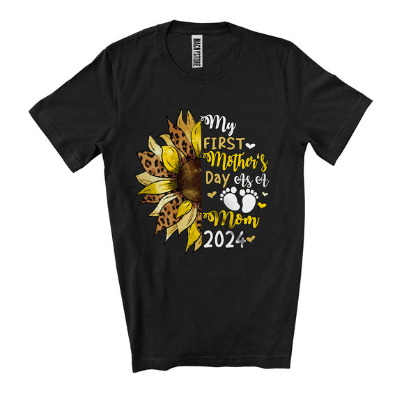 MacnyStore - My First Mother's Day As A Mom 2024, Wonderful Pregnancy Baby Leopard Sunflowers, Family T-Shirt