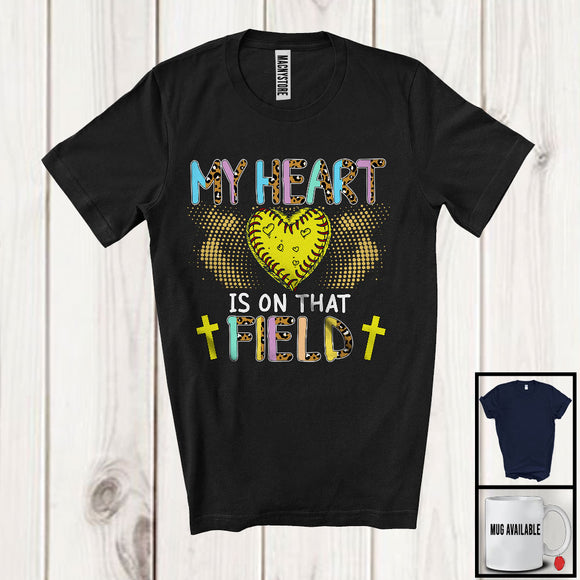 MacnyStore - My Heart Is On That Field, Awesome Mother's Day Softball Player Heart, Leopard Family T-Shirt