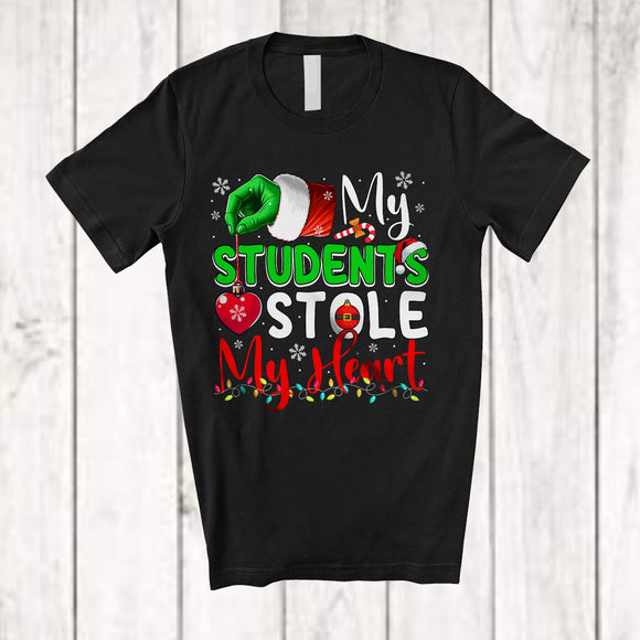 MacnyStore - My Students Stole My Heart; Humorous Christmas Lights Movie Green Santa Hand; Teacher Family T-Shirt