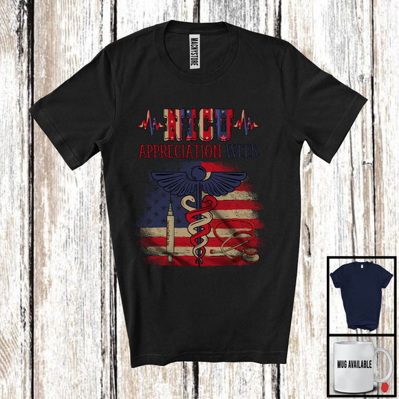 MacnyStore - NICU Appreciation Week, Proud 4th Of July Vintage American Flag, Nurse Patriotic Group T-Shirt