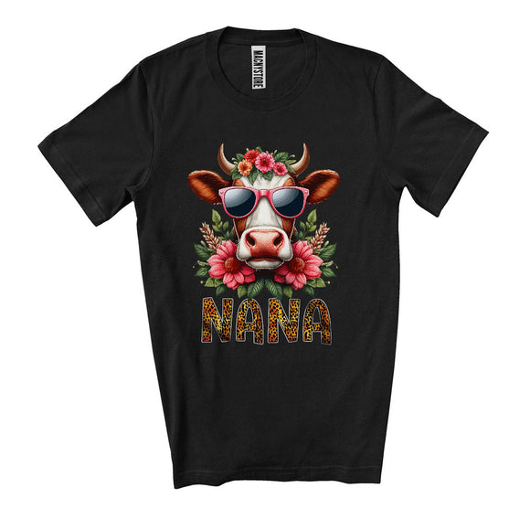 MacnyStore - Nana, Humorous Mother's Day Cow Sunglasses Flowers, Leopard Farmer Matching Family T-Shirt