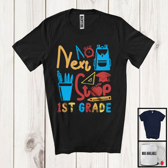 MacnyStore - Next Stop 1st Grade, Humorous Last Day Of School Vintage Graduation, Summer Vacation T-Shirt