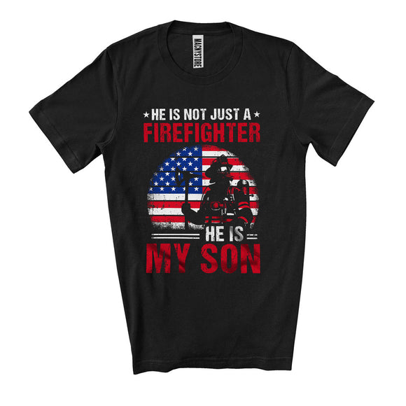 MacnyStore - Not Just A Firefighter He Is My Son, Cool Father's Day Mother's Day Vintage US Flag, Family T-Shirt