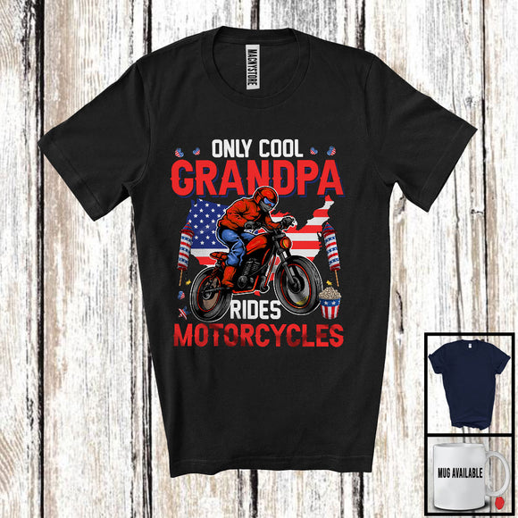 MacnyStore - Only Cool Grandpa Rides Motorcycles, Proud 4th Of July Father's Day USA Flag, Biker Family T-Shirt