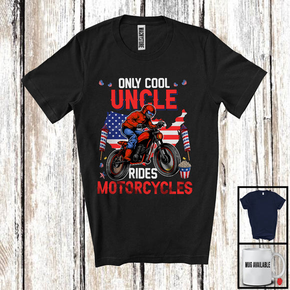 MacnyStore - Only Cool Uncle Rides Motorcycles, Proud 4th Of July Father's Day USA Flag, Biker Family Patriotic T-Shirt
