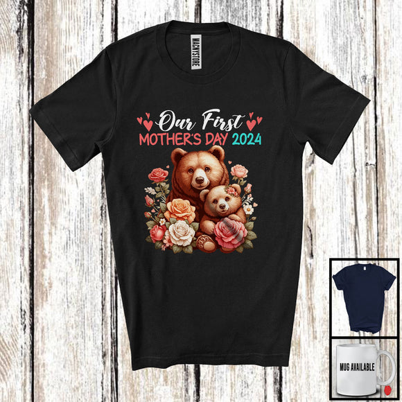 MacnyStore - Our First Mother's Day 2024, Adorable Mother's Day Mommy Baby Bear Lover, Flowers Family T-Shirt